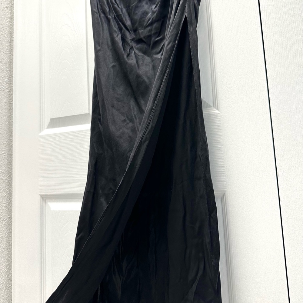 Revolve- Amanda Uprichard Black Satin Halter Maxi Dress with Side Slit - Picture 6 of 9